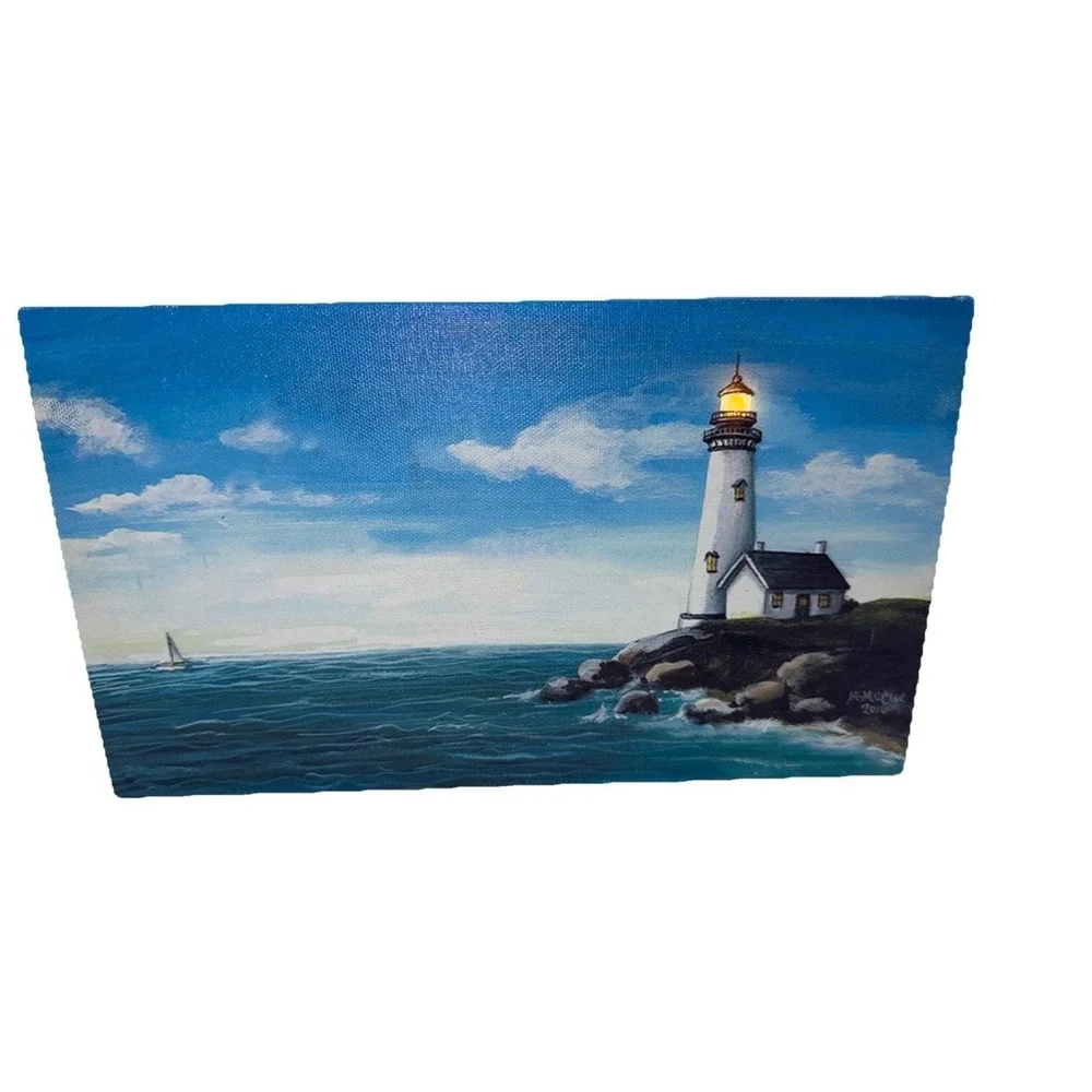 Light Up Lighthouse Canvas Wall Art – Battery Powered LED Nautical Decor